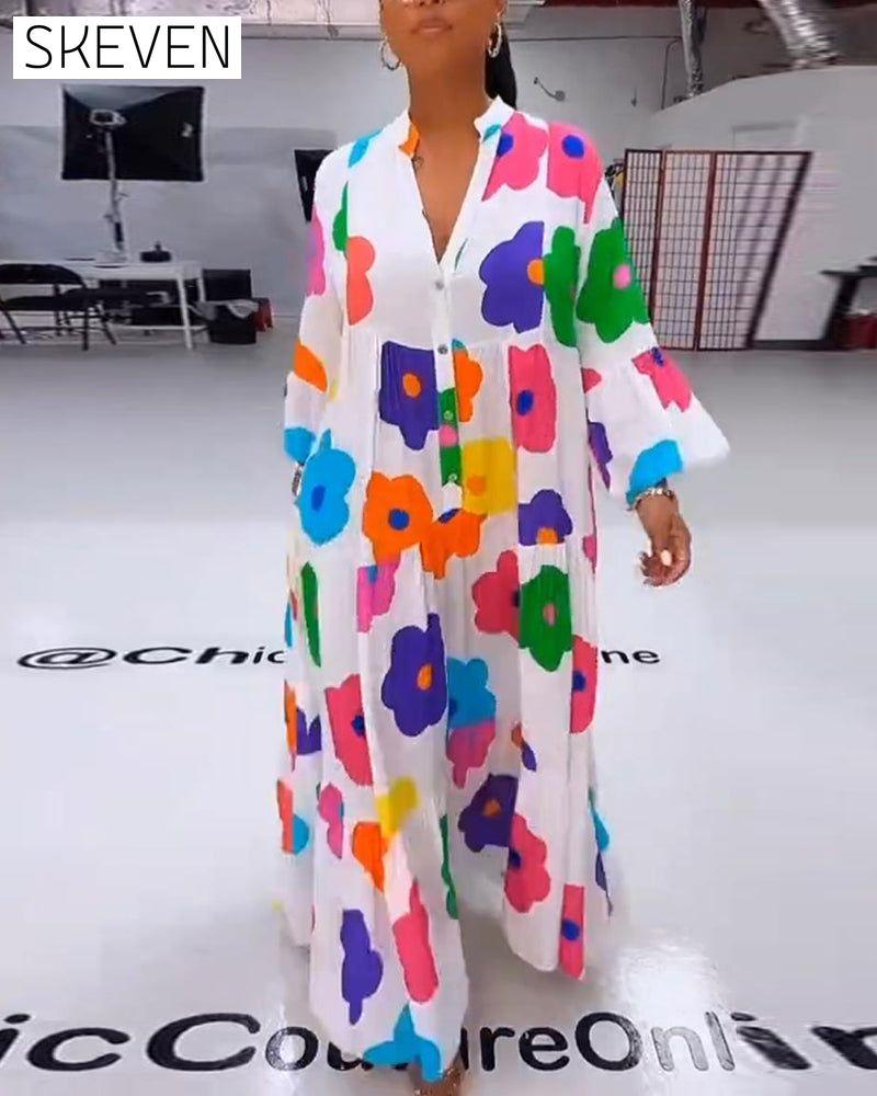 robe décontractée à manches cloche imprimée de fleurs colorées