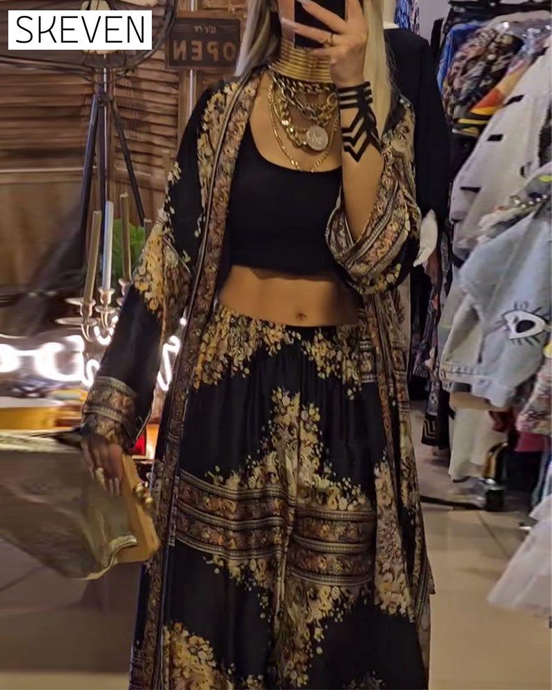 Vintage print coat and pants two-piece set spring summer two-piece sets