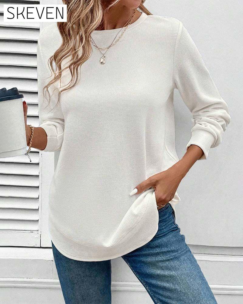 Round Neck Long Sleeve Solid Color Top