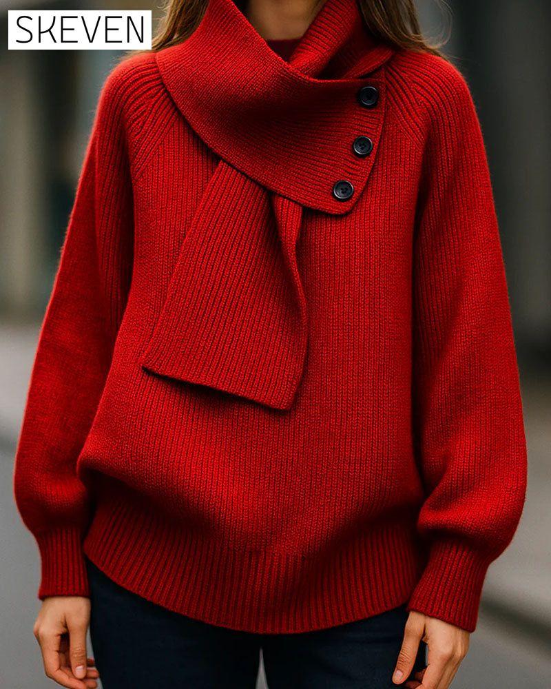 Scarf Collar Fashion Solid Color Pullover