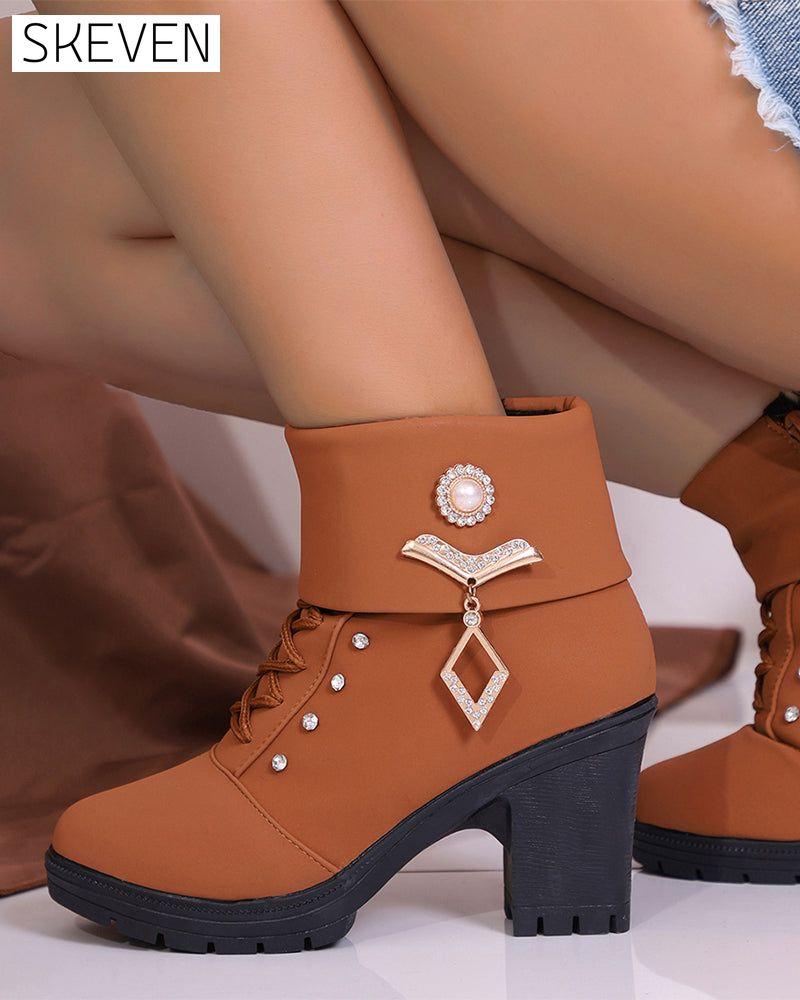 Women's Chunky Heeled Ankle Boots with Rhinestone Decor
