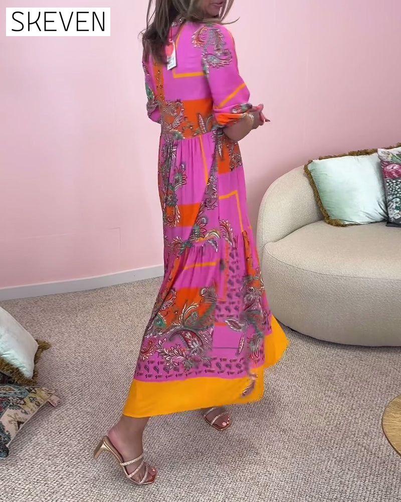 Deep V printed elegant loose long dress casual dresses spring summer