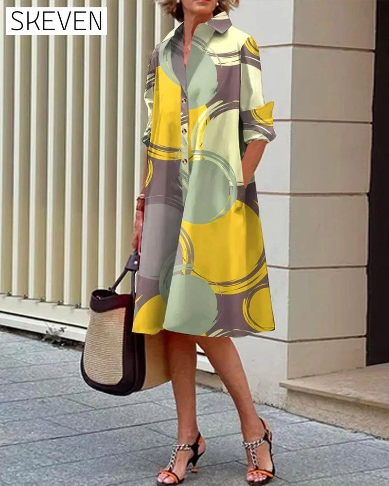 Contrast geometric print lapel dress casual dresses spring summer