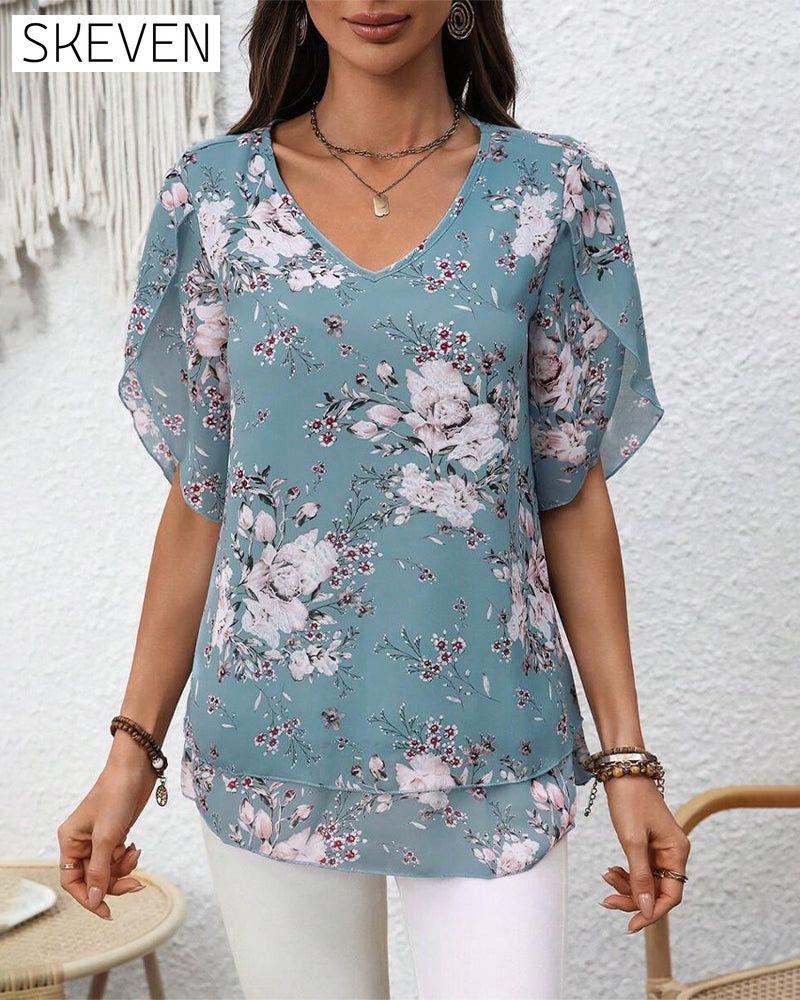Bluse mit Blütenblattärmeln, V-Ausschnitt und Print