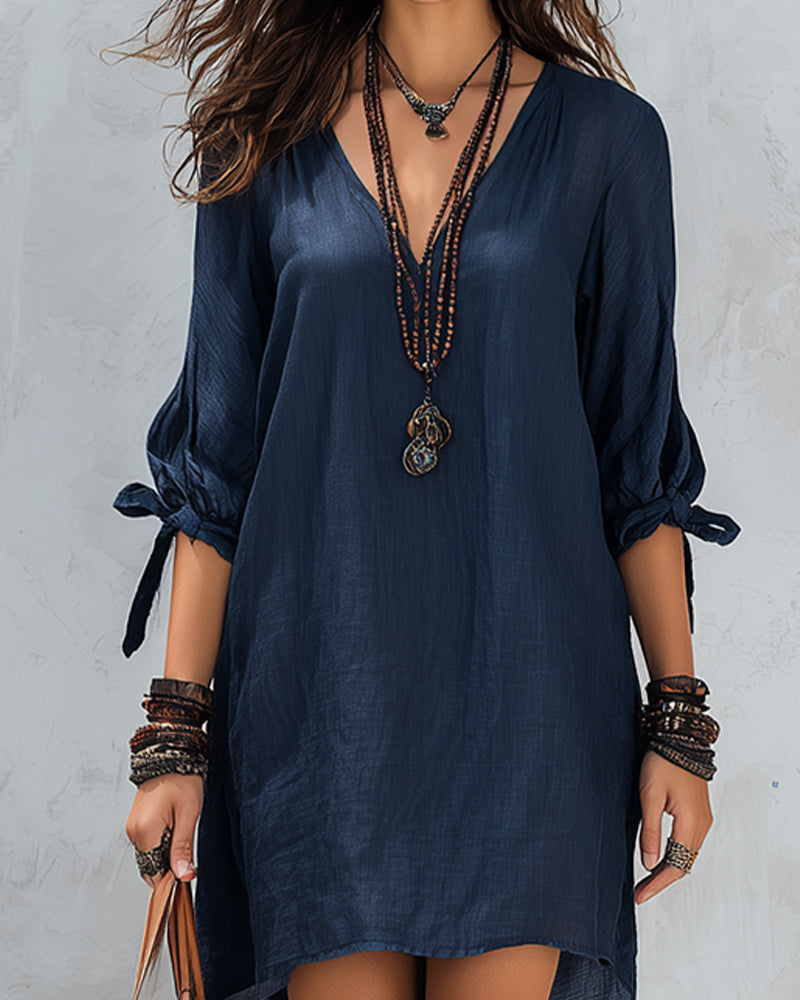 V-Neck Tie Loose Casual Dress