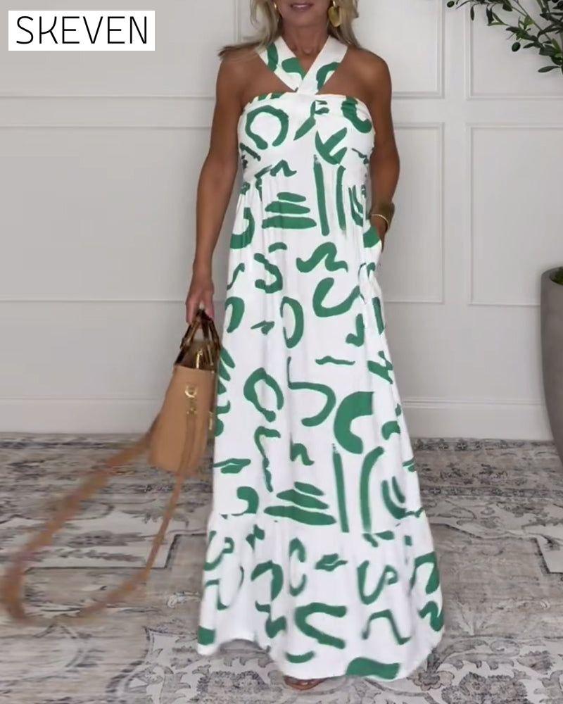 Robe sexy imprimée dos nu à col halter