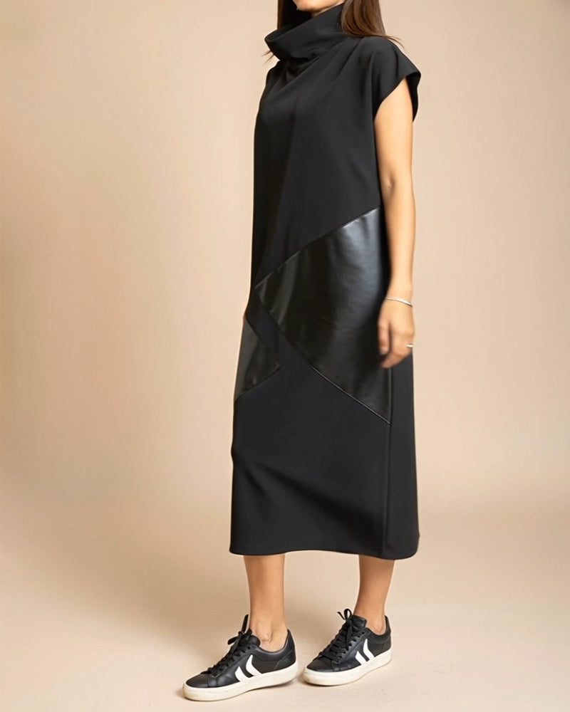 High Collar Pu Patchwork Short Sleeve Dress