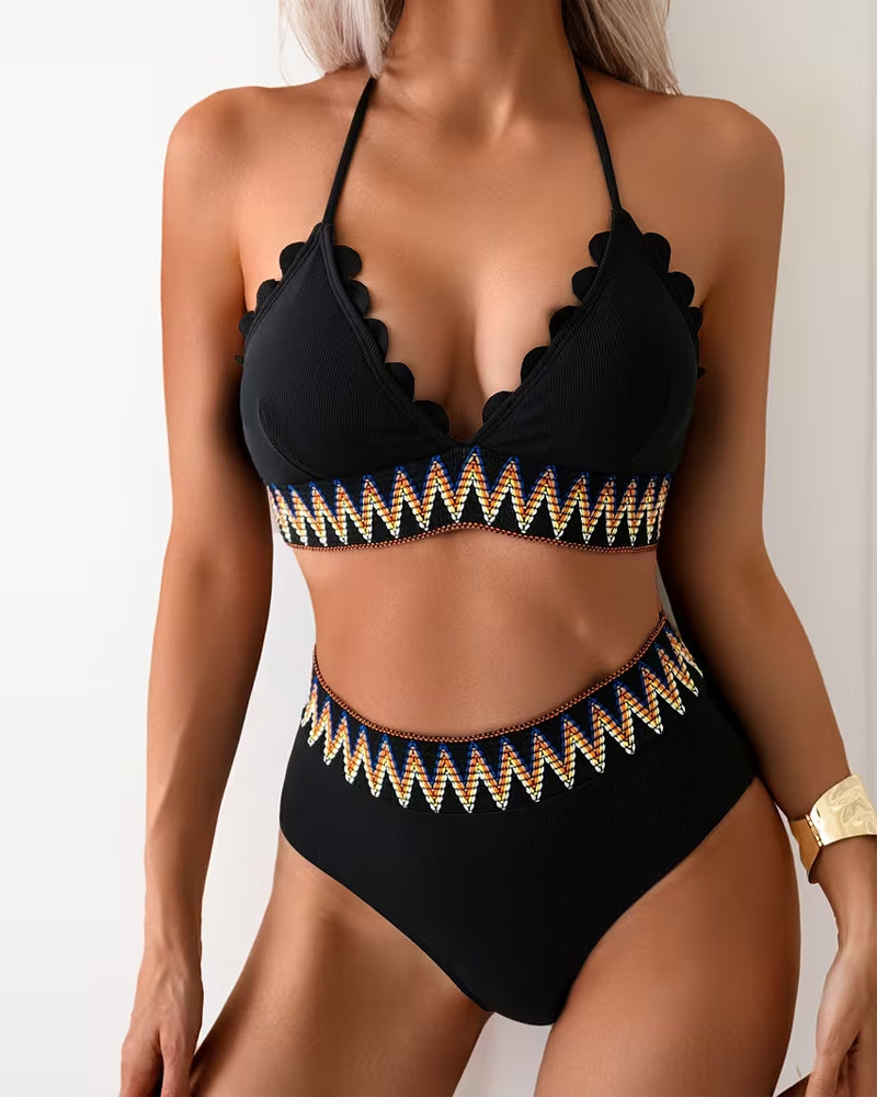 Simple Fashion Halter Neck Wave Print Bikini