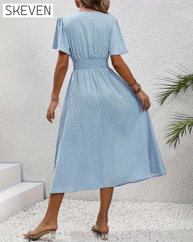Elegant polka dot print butterfly sleeve waist dress casual dresses spring summer