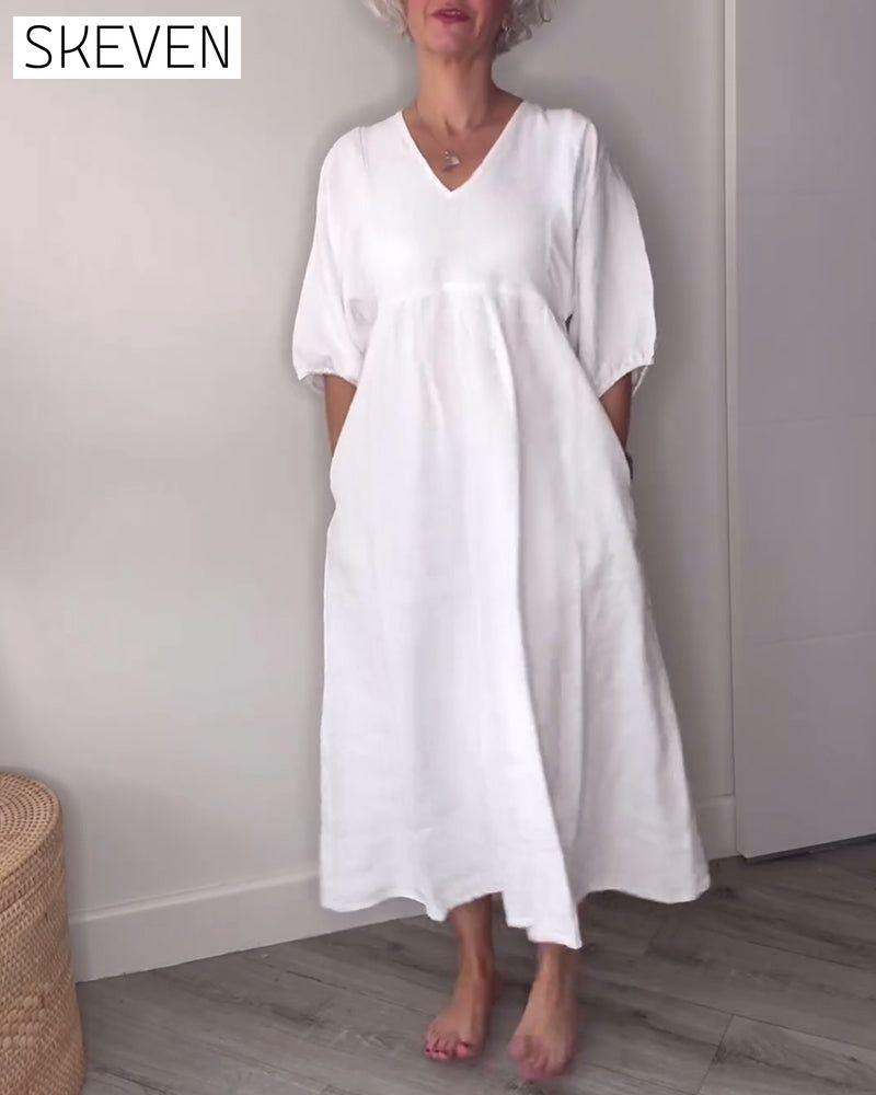 Casual solid color V-neck lantern sleeve dress casual dresses cotton and linen spring summer