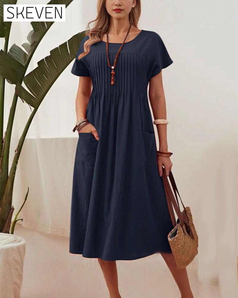 Pleated Short Sleeve Cotton And Linen Dress