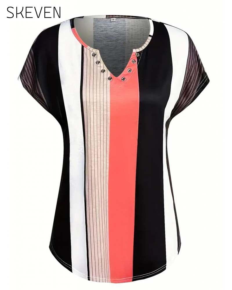 Vertical Striped Commuter Short-Sleeved Blouse