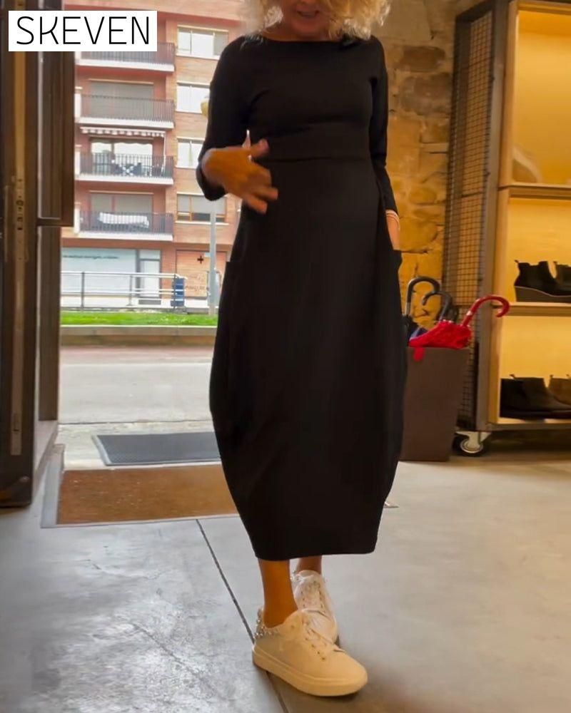 Solid color round neck long sleeve pocket dress