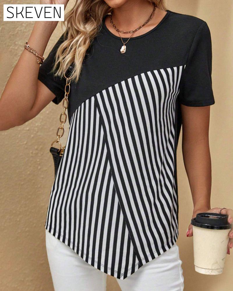 Rundhalsbluse mit Farbblockstreifen