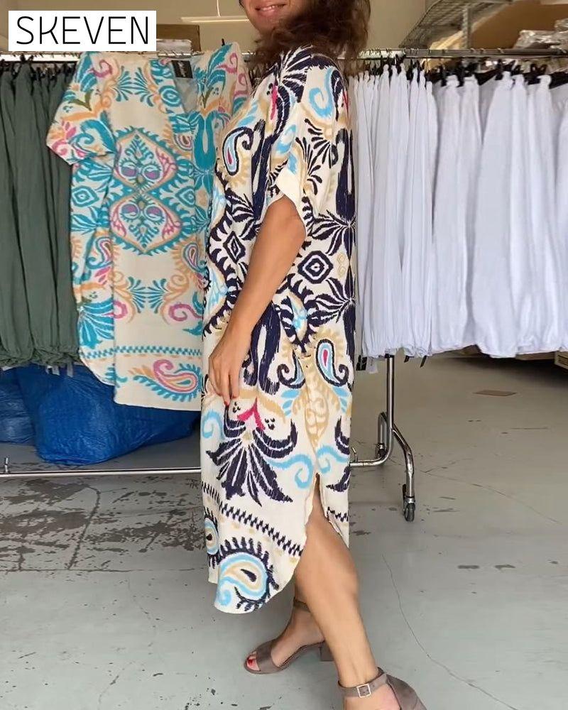 V-neck half-sleeved bohemian loose dress