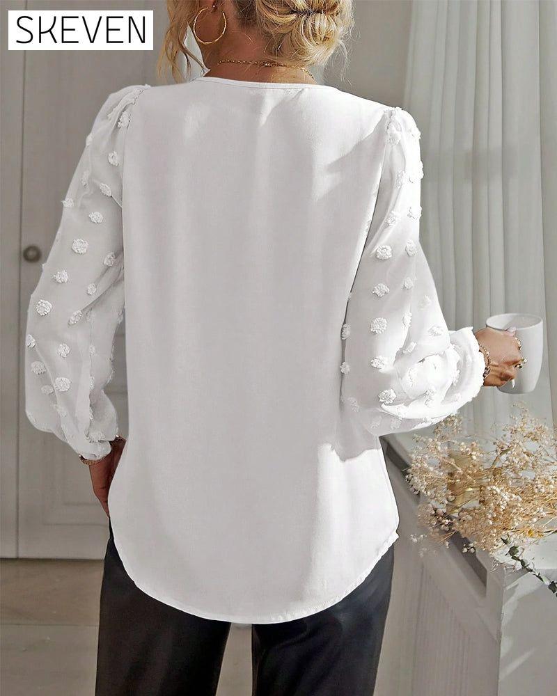 Dot Patchwork Lantern Sleeve V-Neck Tops