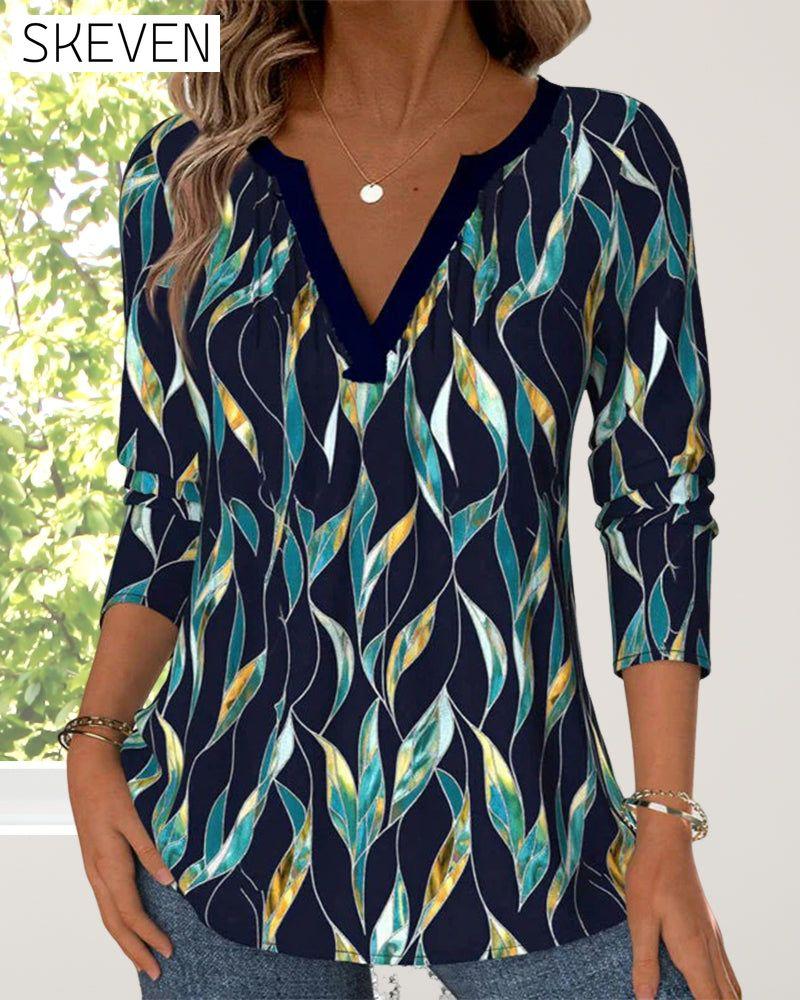 Casual Leaf Print V-Neck T-Shirt