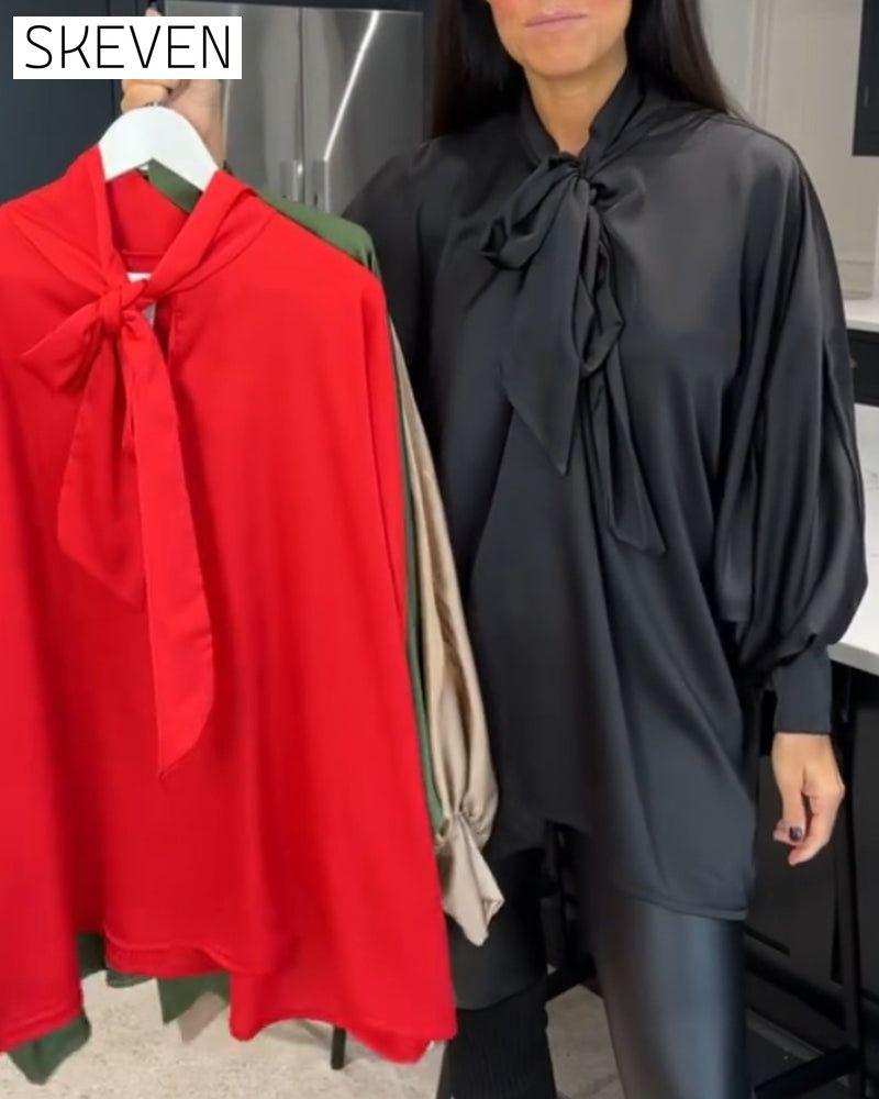 Ribbon collar solid color and elegant blouse