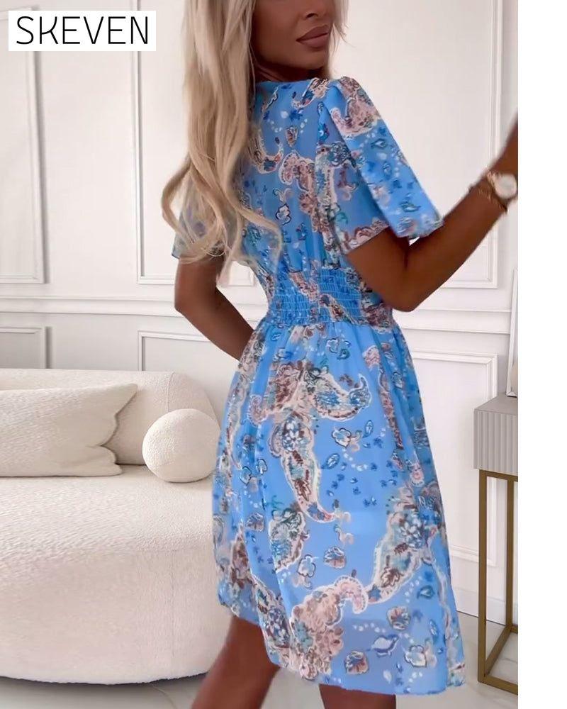 Vintage printed V-neck elegant dress
