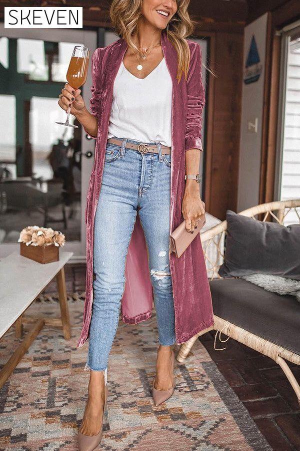 Cheering My Way Velvet Kimono Coat Pink 2021-11-1 Coats & Jackets soild Velvet within 24hours