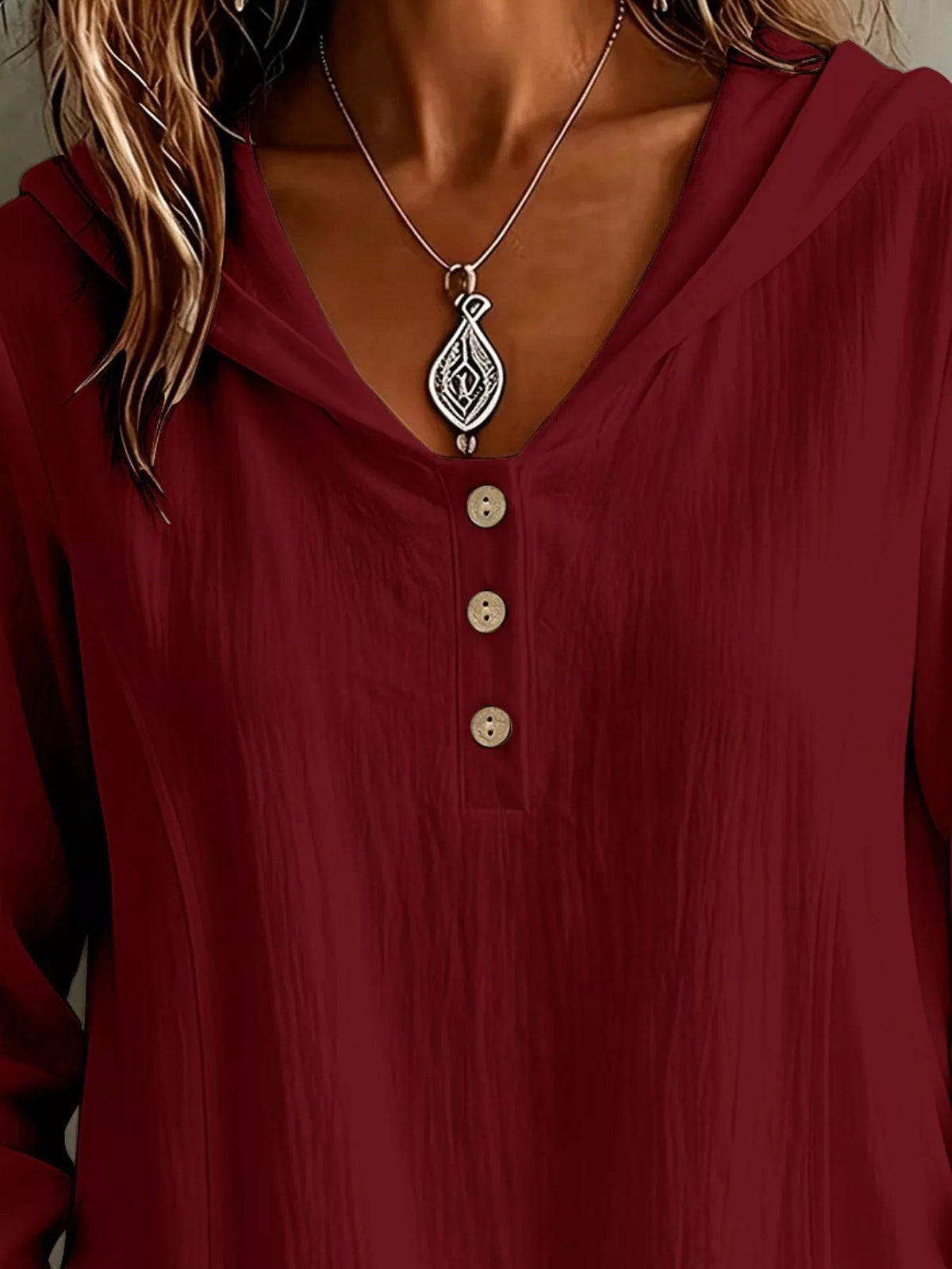 Button Detail Long Sleeve Hooded Blouse