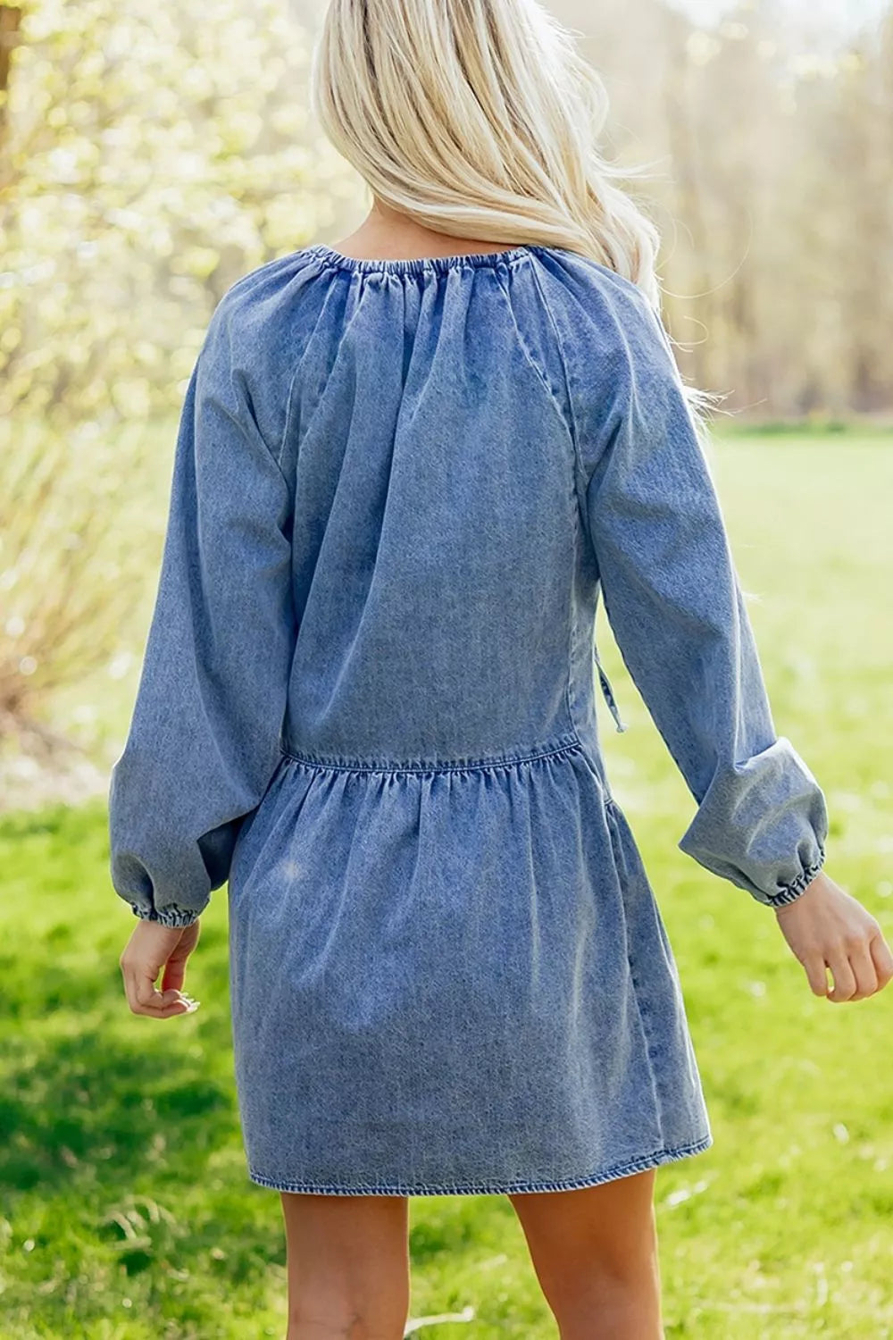 Puff Sleeve V Neck Ruffled Loose Denim Mini Dress