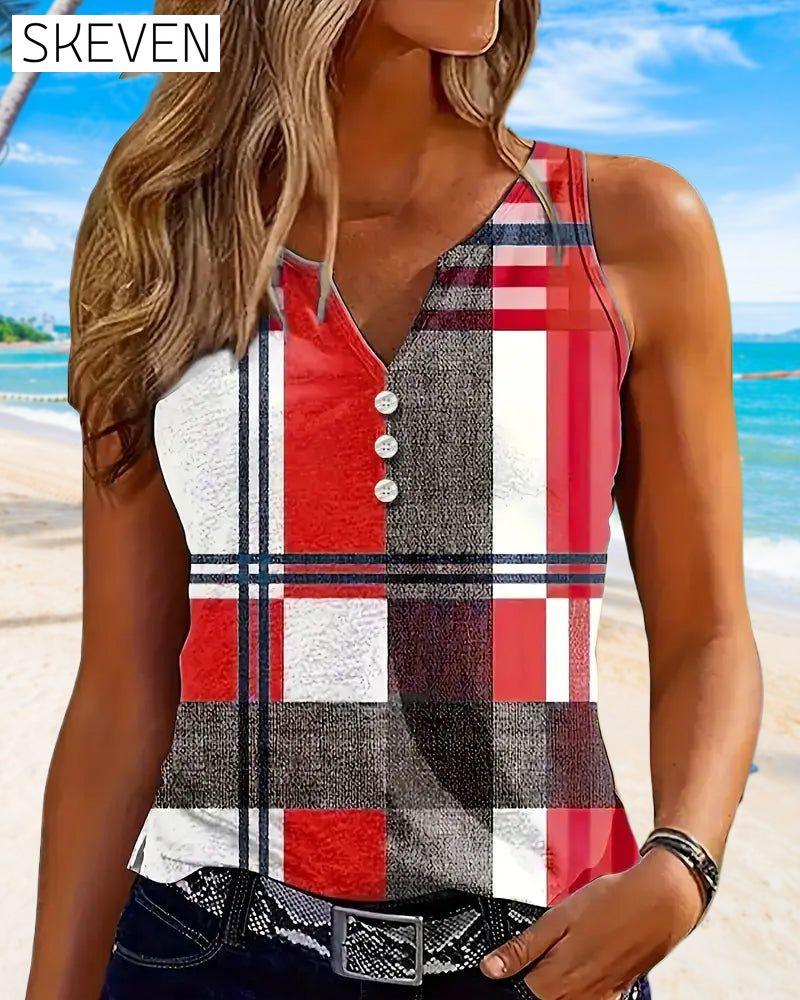 Sleeveless Printed Plaid Tank Top
