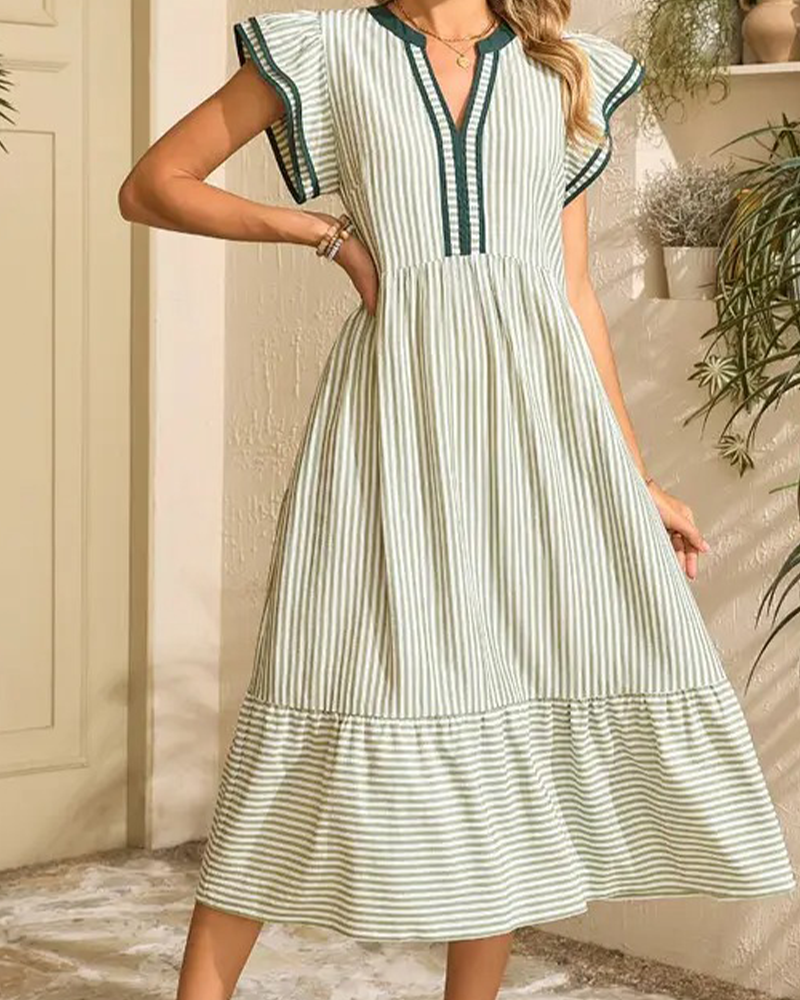 Striped Double Ruffle Short Sleeve Dress