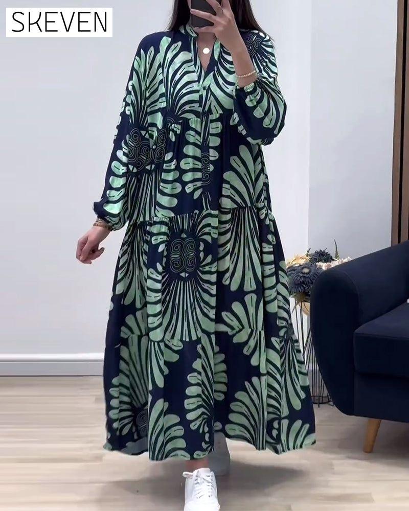 Stand collar long sleeve patchwork printed long dress