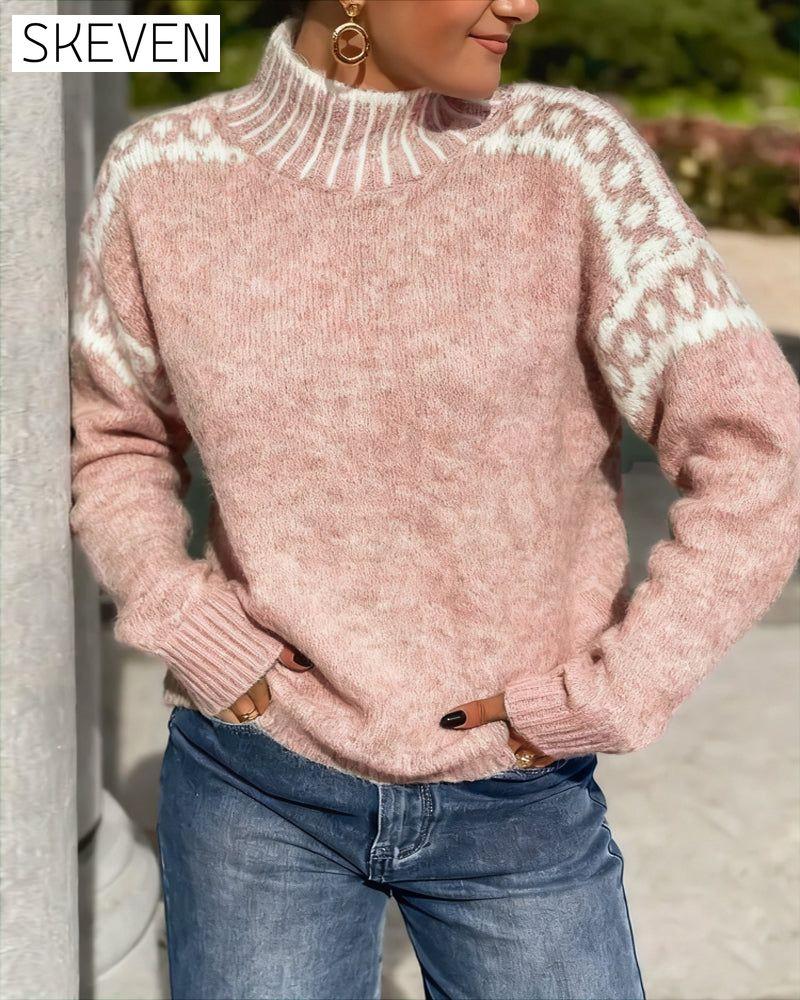 High Neck Patterned Contrast Jumper