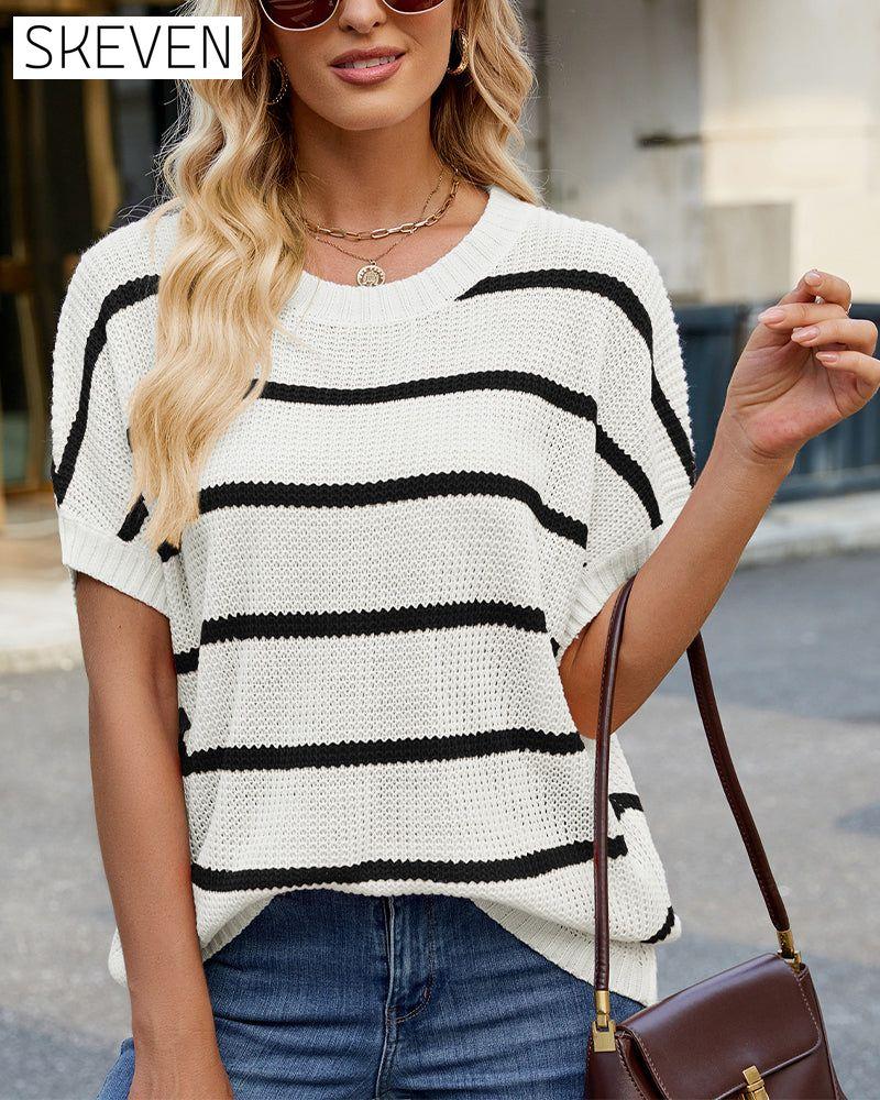 Striped Drop Shoulder Short Sleeve Sweater