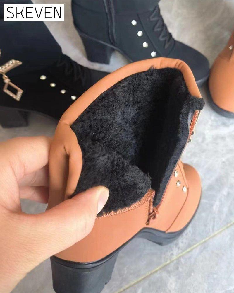 Women's Chunky Heeled Ankle Boots with Rhinestone Decor