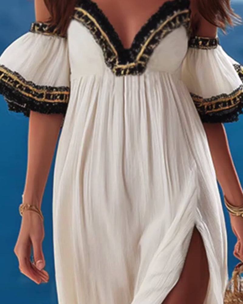Heavily Embellished Embroidered Off-Shoulder Slit Vacation Dress