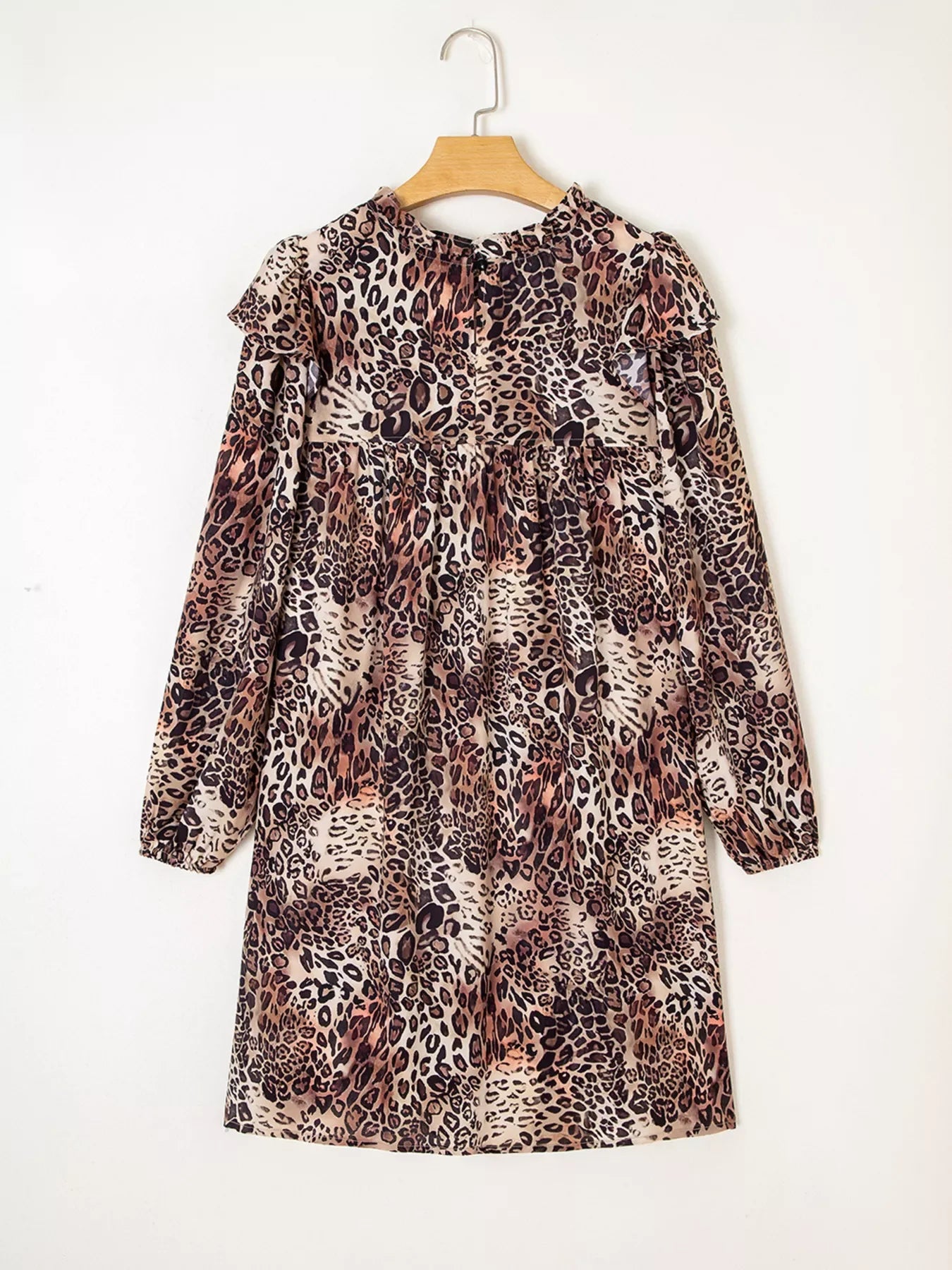 Leopardenmuster, Rüschendetails, lange Ärmel, lockeres Minikleid