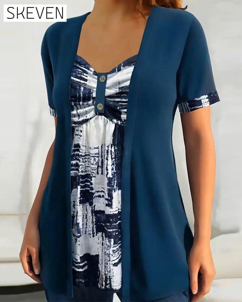 Printed Fake Two Piece Irregular Blouse