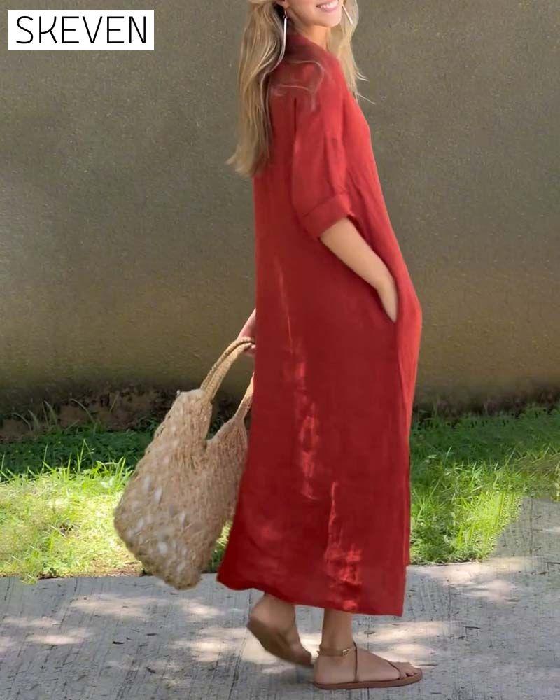 Bequemes, einfarbiges Kleid mit V-Ausschnitt und Tasche