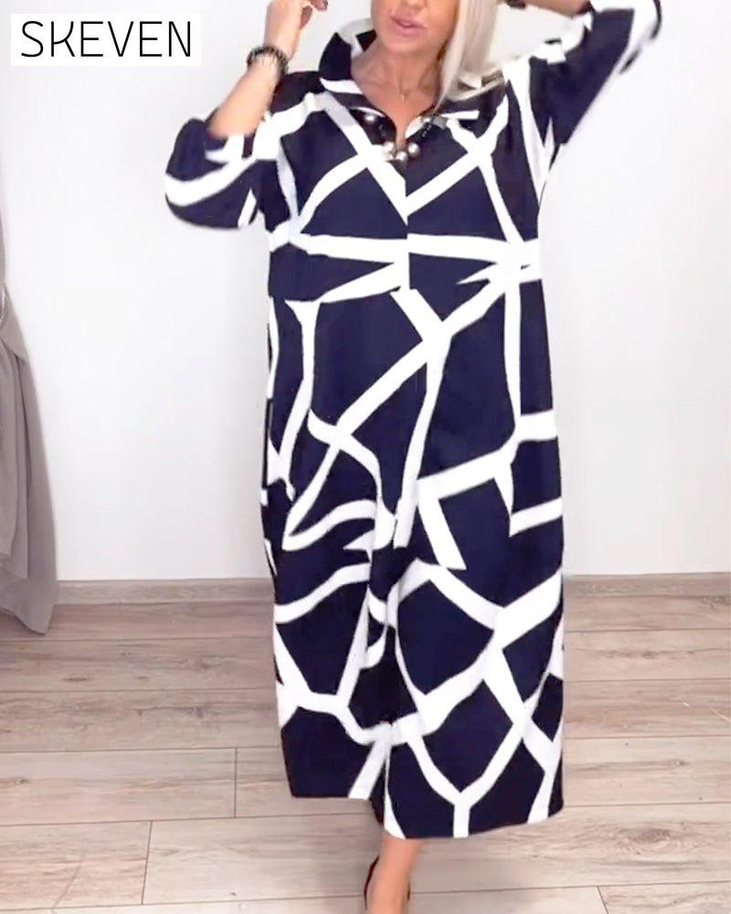 Lapel Loose Geometric Print Dress