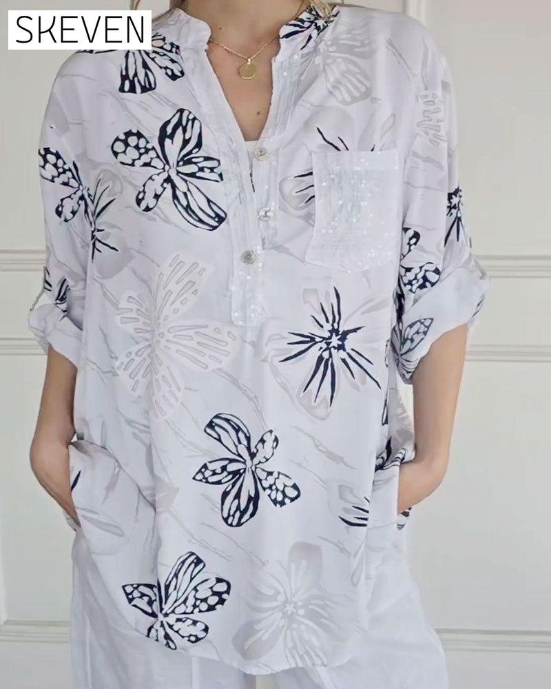 Floral Button V-Neck Blouse