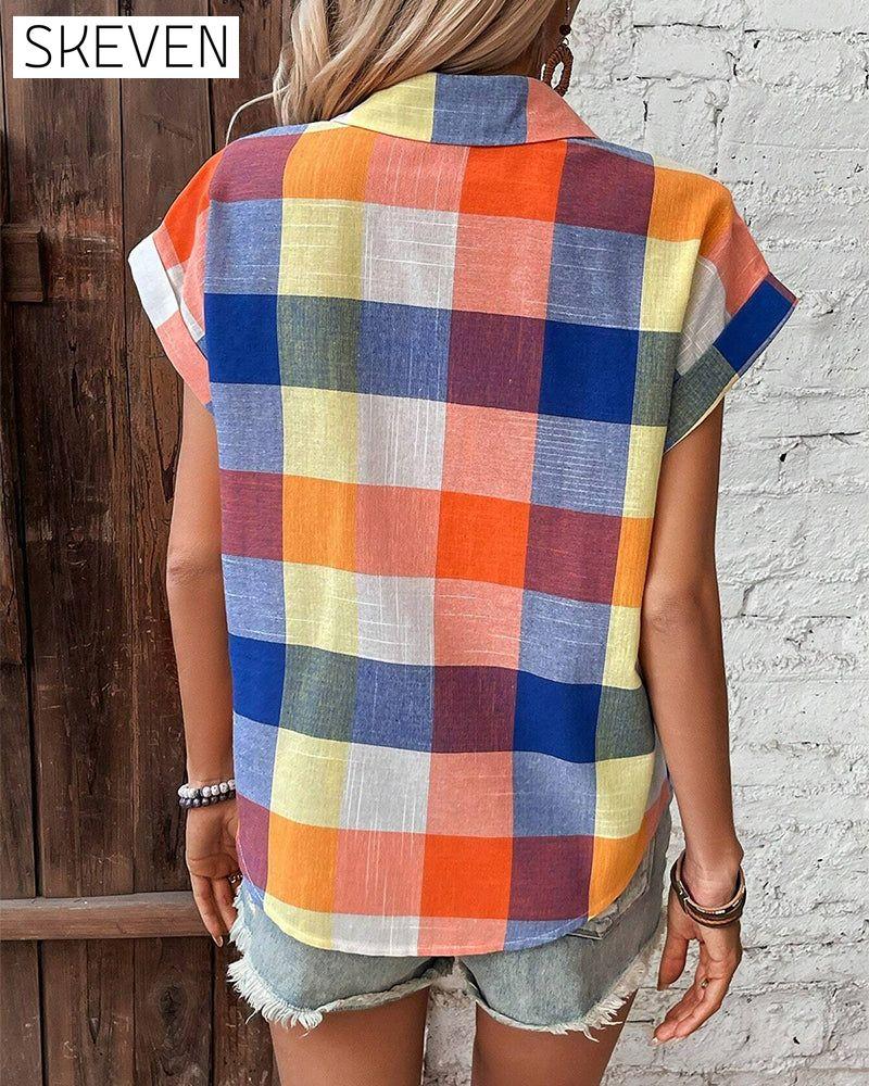 chemise décontractée à manches courtes à carreaux colorés