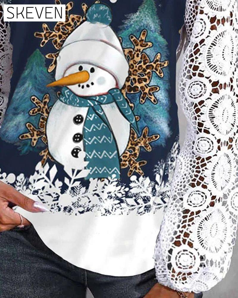 Langarmbluse mit Schneemannmotiv aus Spitze
