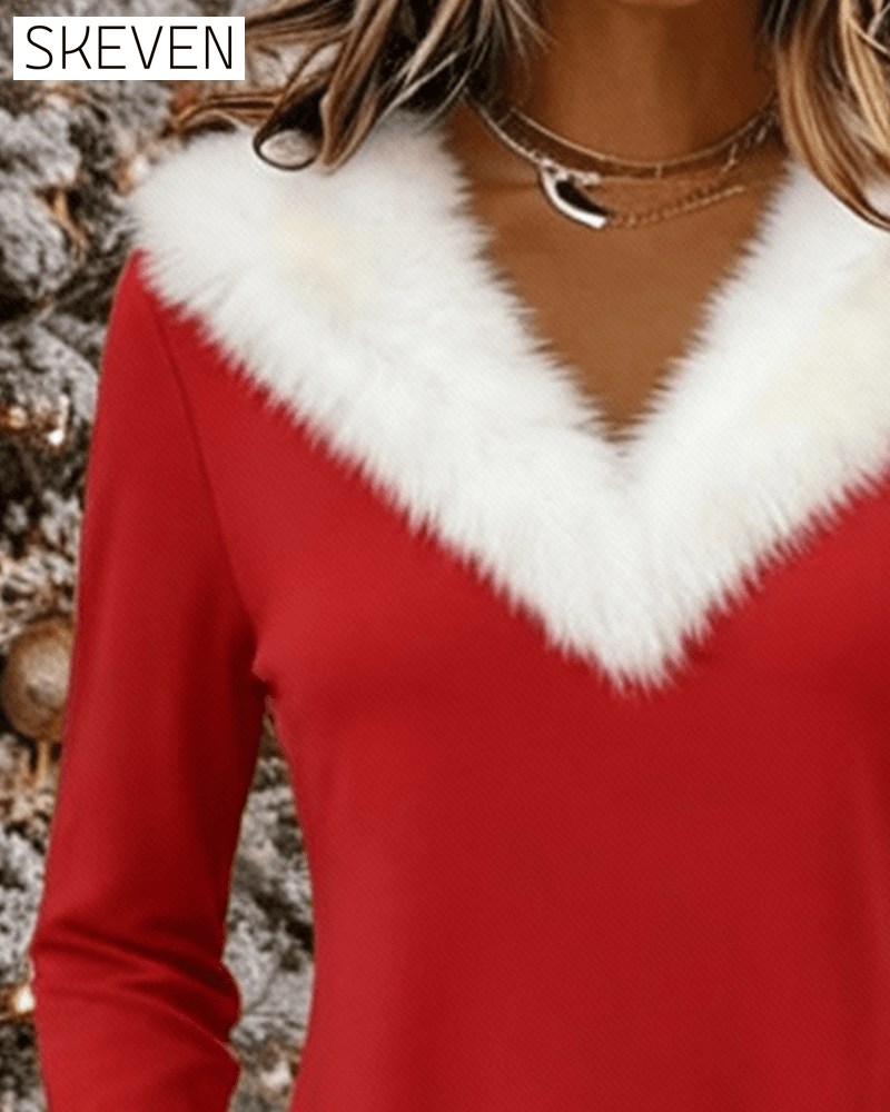 Pelzbesetztes Kleid mit V-Ausschnitt und Kontrastdetails