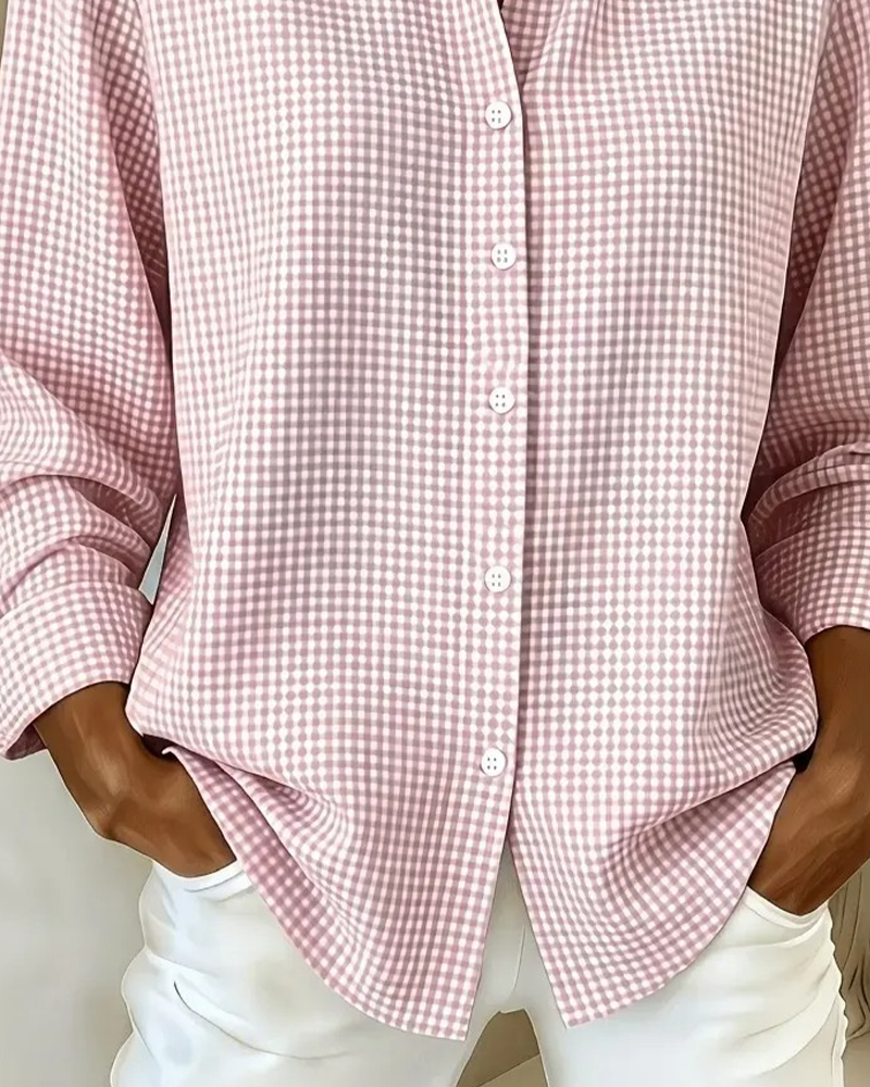 V-Neck Plaid Button-Down Loose Casual Shirt