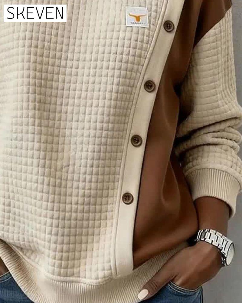 Long-Sleeved Waffle Color-Blocked Sweatshirt