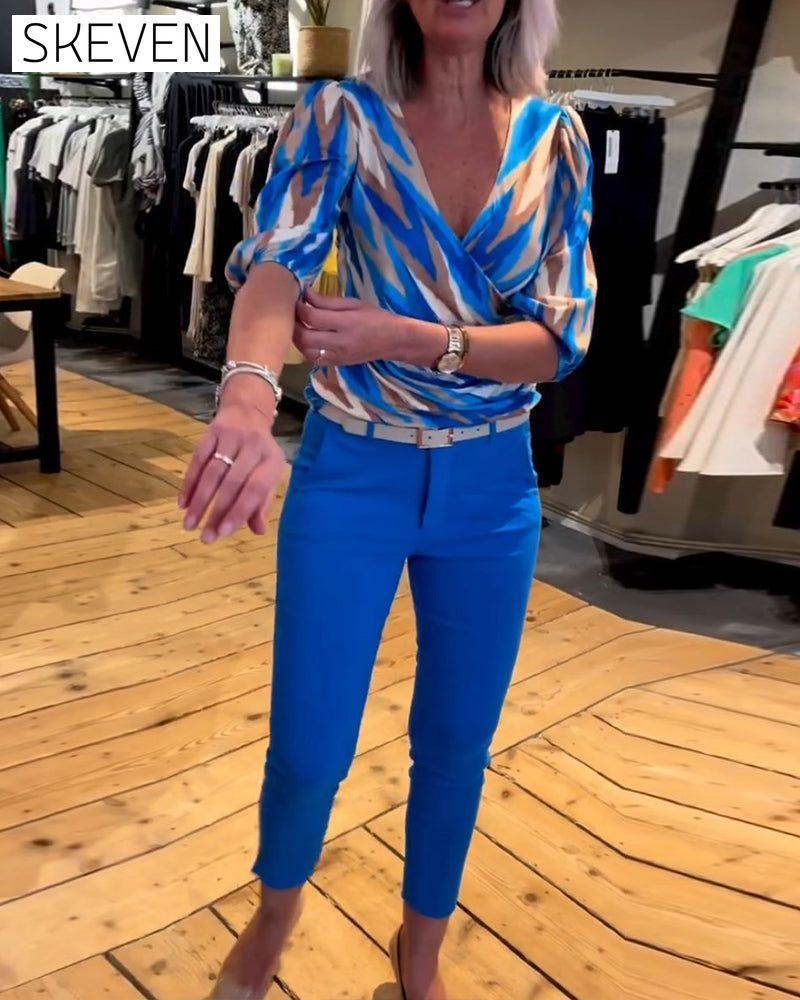 Printed casual deep V top