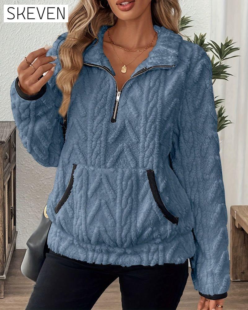 Lapel Zipper Front Fuzzy Sweatshirt