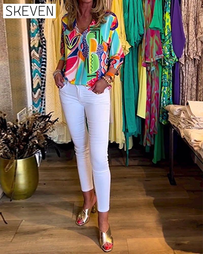 Long Sleeve Loose Printed Blouse