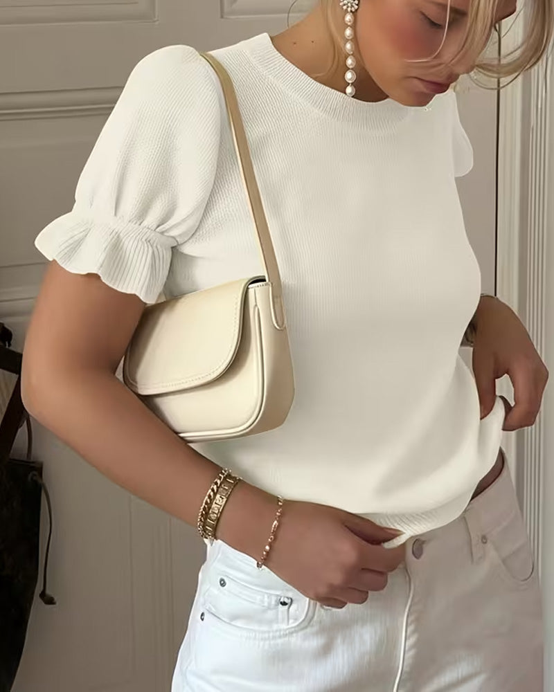 Ruffled Puff Sleeve Knit T-Shirt
