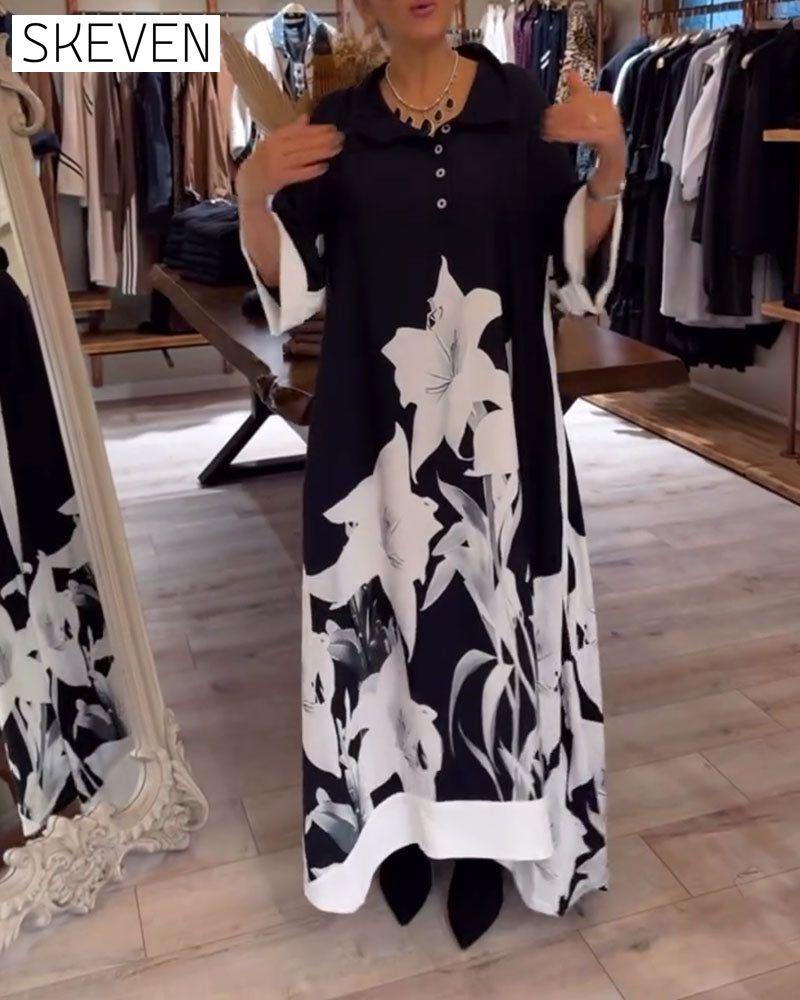Lapel Printed Oversized Maxi Dress