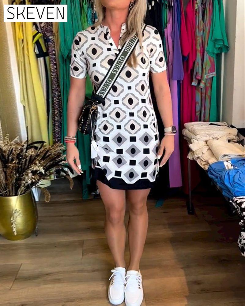 V-Neck Short Sleeve Printed Dress