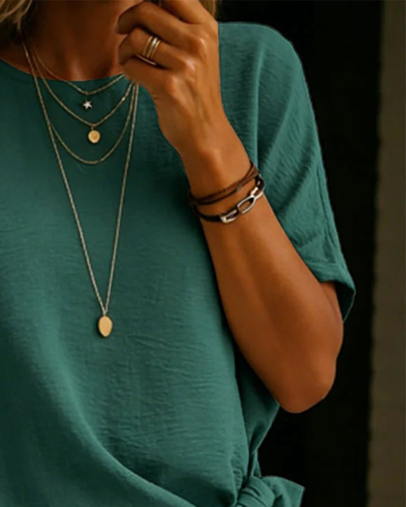 Crewneck Tie Solid Blouse